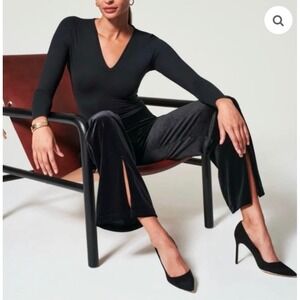 Spanx Velvet Wide Leg Pants Black High Waist Front Slit Trousers XL 20396Q